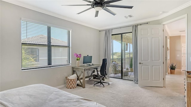 carpeted bedroom with access to outside, multiple windows, ornamental molding, and ceiling fan