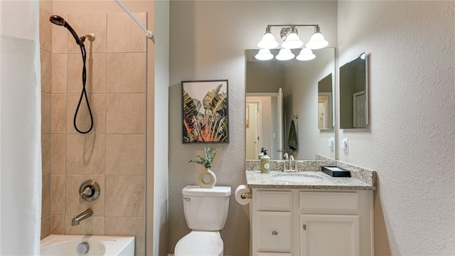 full bathroom with shower / bath combo, toilet, and vanity