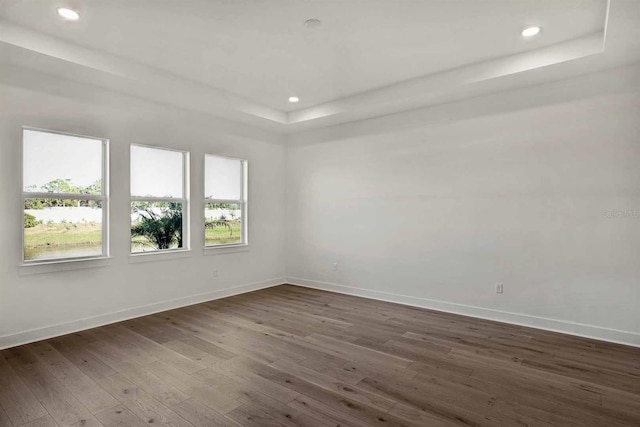 unfurnished room featuring a tray ceiling and dark wood-type flooring