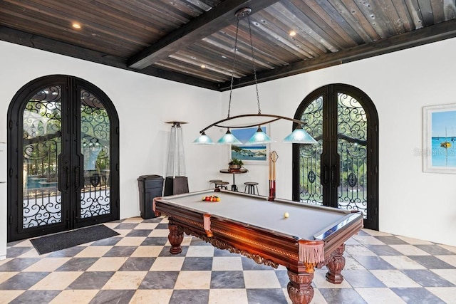 recreation room with beamed ceiling, french doors, wood ceiling, and billiards