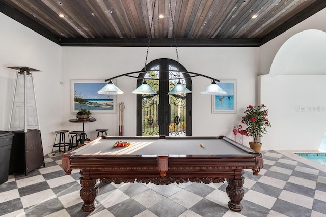 playroom with wooden ceiling and billiards