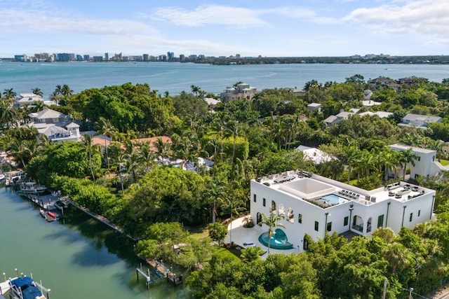 birds eye view of property with a water view and a city view