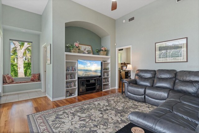 1206 86th Ct NW, Bradenton, FL 34209 - living area with wood finished floors and ceiling fan