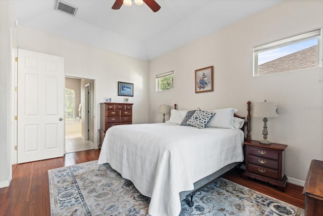 bedroom featuring multiple windows, ceiling fan, ensuite bath, and dark hardwood / wood-style floors