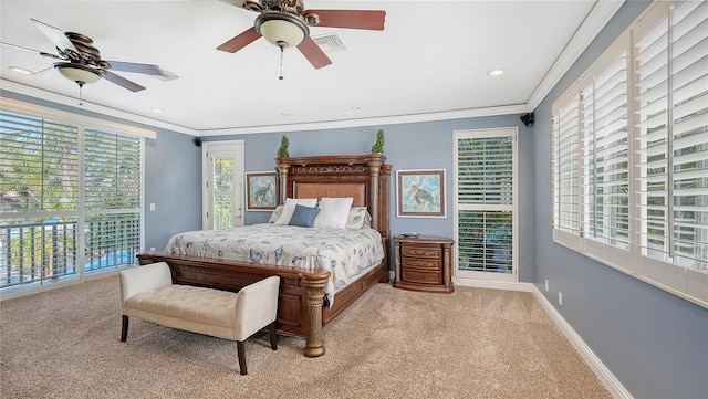 bedroom with light carpet, crown molding, and ceiling fan