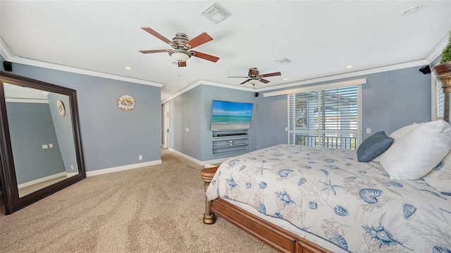 bedroom with ceiling fan, carpet, and ornamental molding