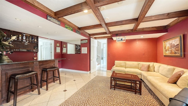 living room with bar area, coffered ceiling, beamed ceiling, and light tile patterned floors