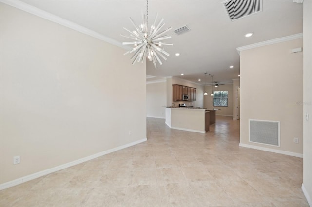 unfurnished living room featuring crown molding and ceiling fan with notable chandelier