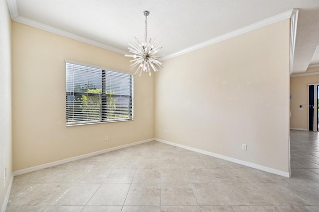 spare room with light tile patterned flooring, ornamental molding, and a chandelier