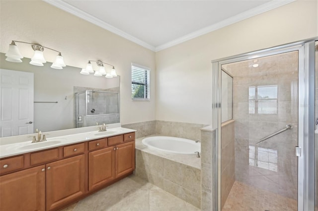 bathroom with crown molding, vanity, independent shower and bath, and tile patterned flooring