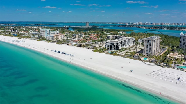 drone / aerial view with a water view and a view of the beach