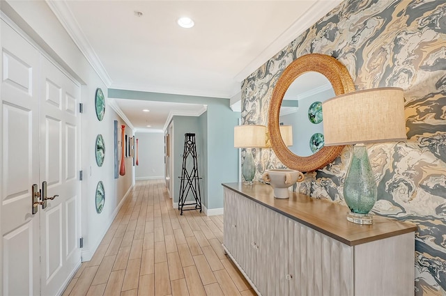 hallway featuring ornamental molding