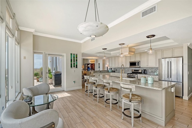 kitchen featuring stainless steel appliances, light stone counters, a raised ceiling, a breakfast bar, and backsplash