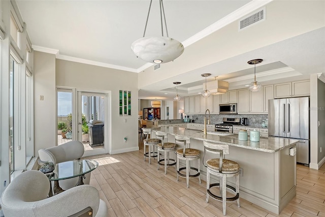 kitchen featuring hanging light fixtures, a tray ceiling, and stainless steel appliances