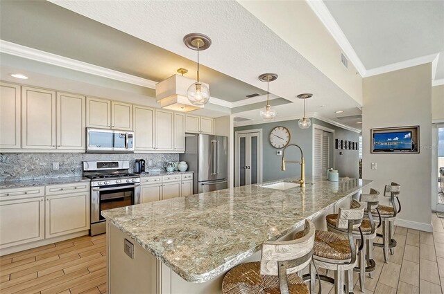 kitchen with backsplash, appliances with stainless steel finishes, a raised ceiling, sink, and ornamental molding