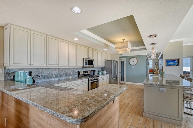 kitchen with appliances with stainless steel finishes, sink, a kitchen breakfast bar, a tray ceiling, and light stone countertops