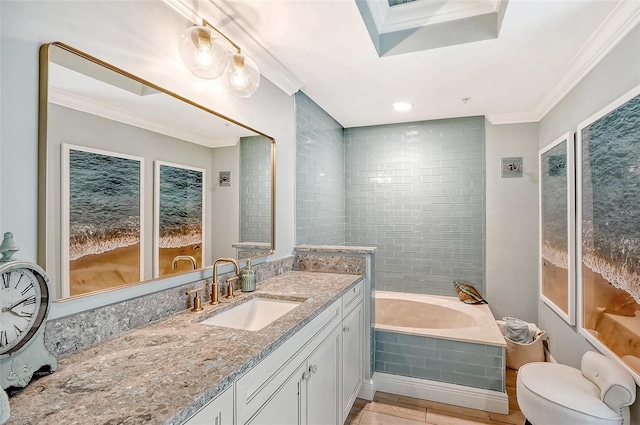 bathroom featuring a relaxing tiled tub, vanity, and crown molding