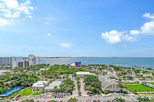 drone / aerial view with a water view