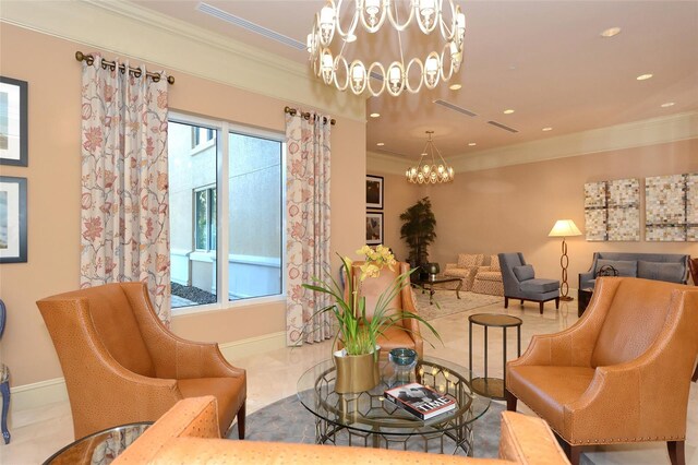 living room with tile patterned flooring, crown molding, and a chandelier