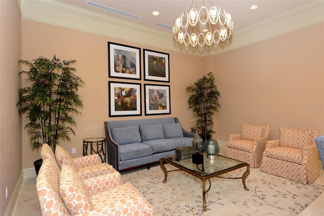 living room with ornamental molding and a chandelier