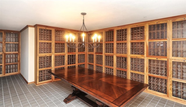 wine room with a notable chandelier