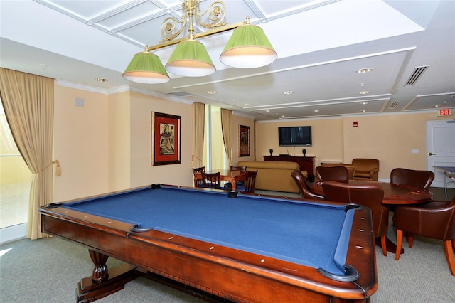 recreation room featuring crown molding, carpet floors, and billiards