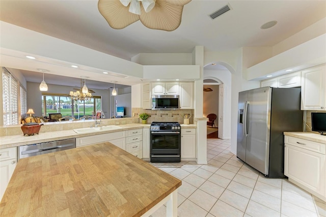 kitchen featuring white cabinetry, sink, appliances with stainless steel finishes, kitchen peninsula, and backsplash