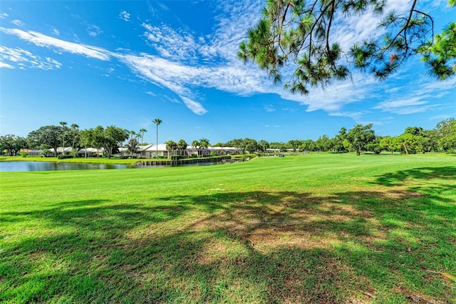 view of home's community featuring a water view and a yard