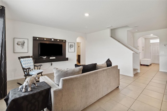 living room featuring light tile patterned floors