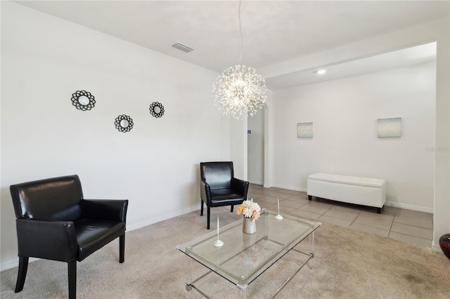 tiled living room with a notable chandelier