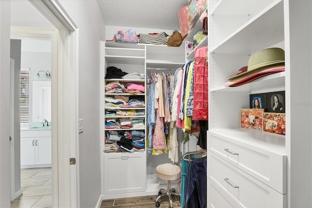 spacious closet featuring sink and light hardwood / wood-style floors