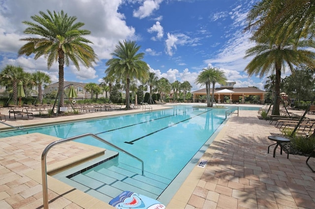 view of swimming pool with a patio