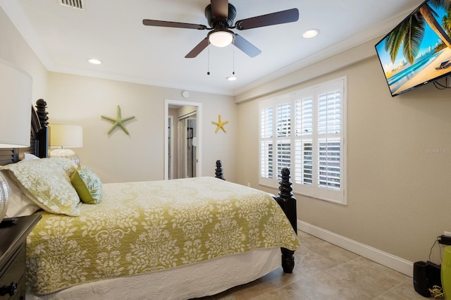 bedroom featuring light tile patterned flooring, ceiling fan, and crown molding