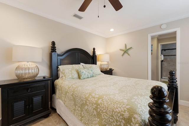 bedroom with crown molding, light tile patterned flooring, and ceiling fan