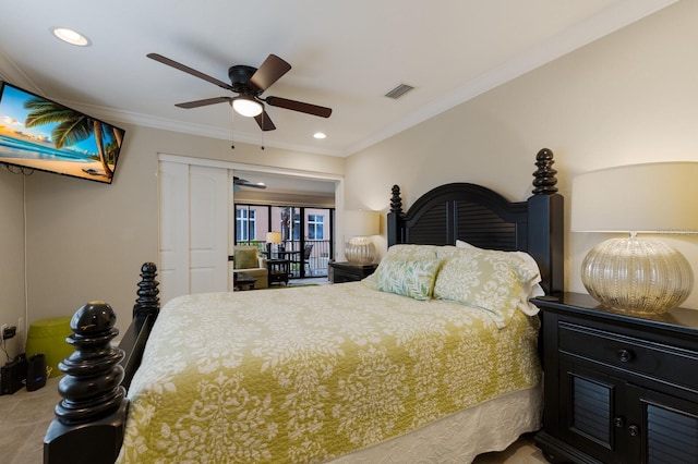 bedroom featuring ceiling fan and ornamental molding