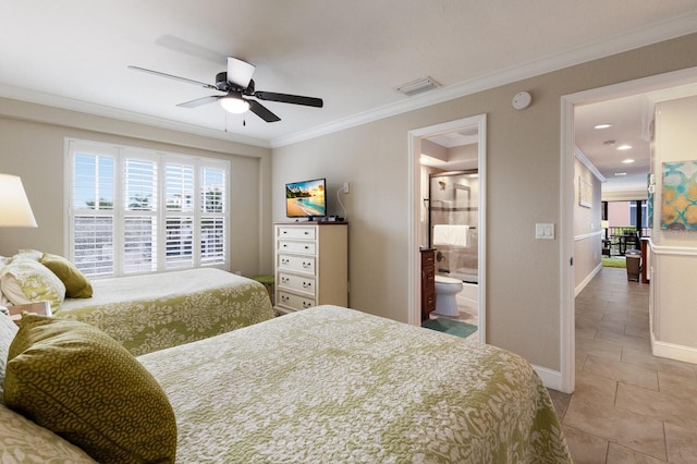 tiled bedroom featuring ensuite bathroom, ceiling fan, and ornamental molding