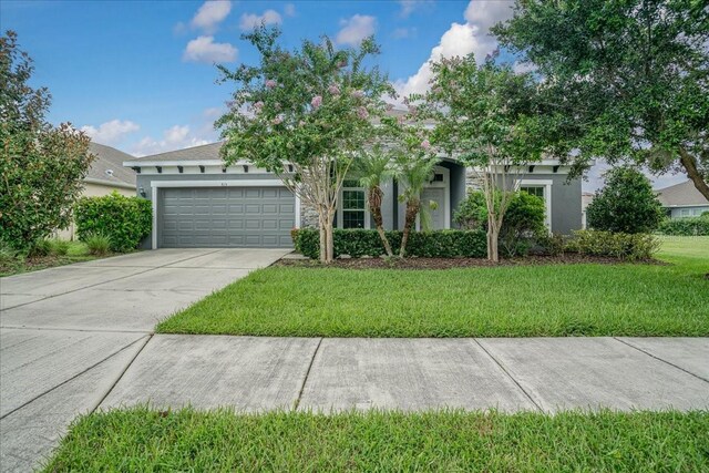 view of property hidden behind natural elements with a garage and a front yard