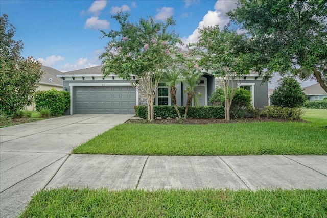 obstructed view of property featuring a garage and a front yard