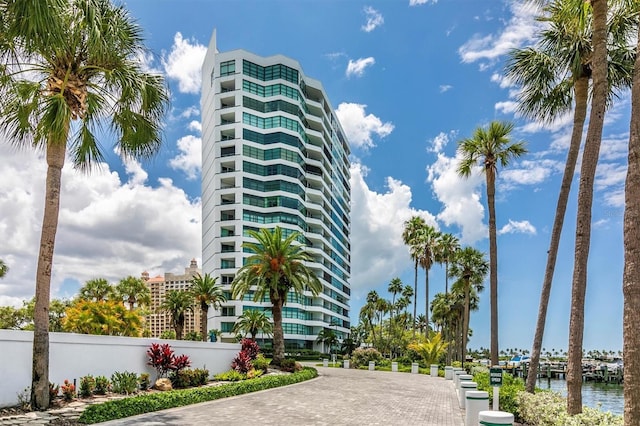 view of building exterior featuring a water view