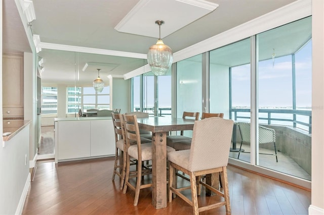 dining area featuring hardwood / wood-style flooring and a water view