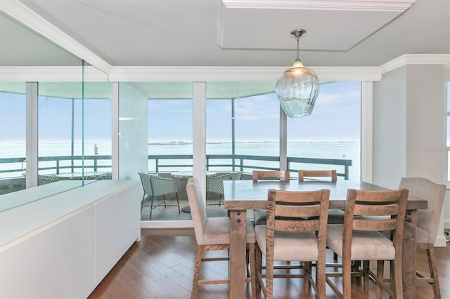 dining room with crown molding, a water view, a wealth of natural light, and dark hardwood / wood-style flooring