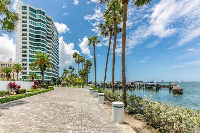 surrounding community with a water view and a dock