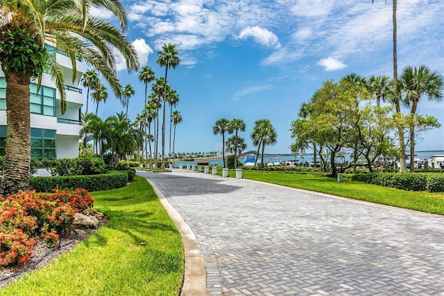 view of property's community featuring a water view and a lawn