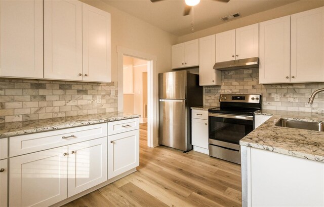 kitchen with white cabinets, light hardwood / wood-style floors, sink, and appliances with stainless steel finishes