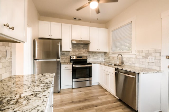 kitchen featuring appliances with stainless steel finishes, light wood-type flooring, white cabinetry, and sink