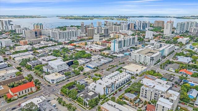 bird's eye view with a water view