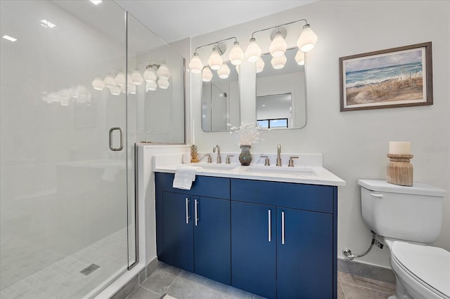 bathroom featuring toilet, tile patterned flooring, an enclosed shower, and vanity