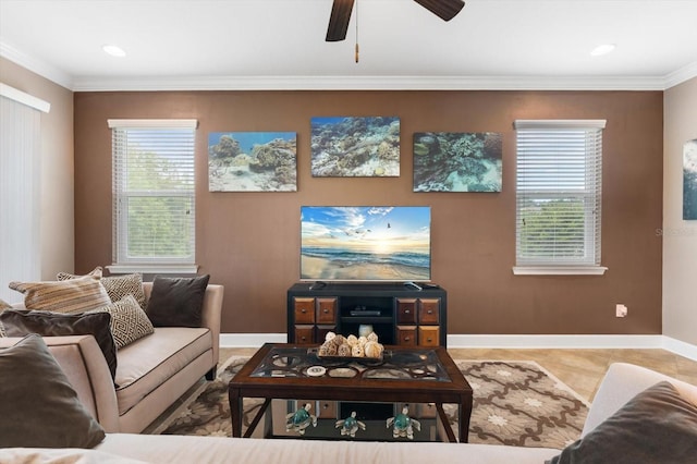 living room with ceiling fan, crown molding, and tile patterned flooring