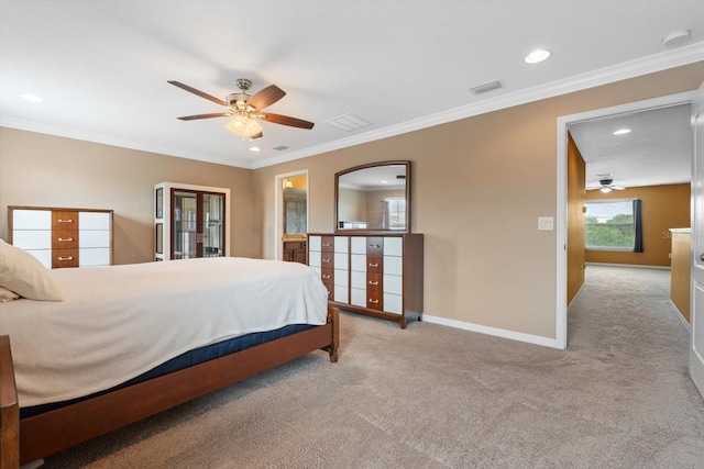 bedroom with crown molding, light colored carpet, and ceiling fan