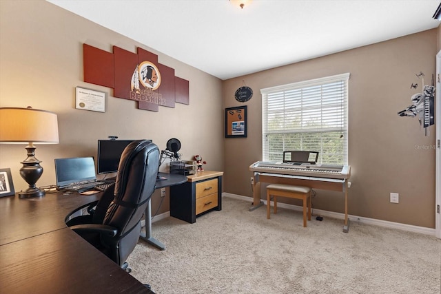 home office with light colored carpet